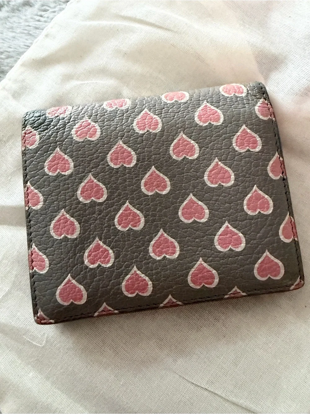 Miu Miu Gray Leather Wallet with Pink Heart Print